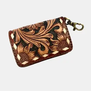 Genuine Western Cowhide Zip Wallet – Sunflower Buckstitch Leather Card Holder Keychain - Credit Card Holder Change Coin Pouch Cash  – Boho Cowgirl Wallet – Handmade Western Rodeo Accessory - Gift Idea - Gifts For Her Him