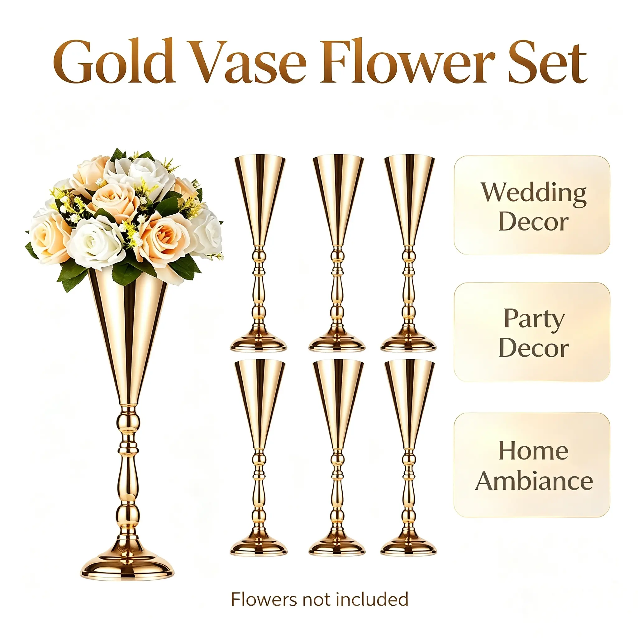 6-Piece Gold Tall Metal Trumpet Vases, Classic Decorative Ornamental Compote Flower Vases, Table Centerpieces for Wedding Reception & Bridal Shower Decor, Flowers Not Included, Decorative Ornamental Vases