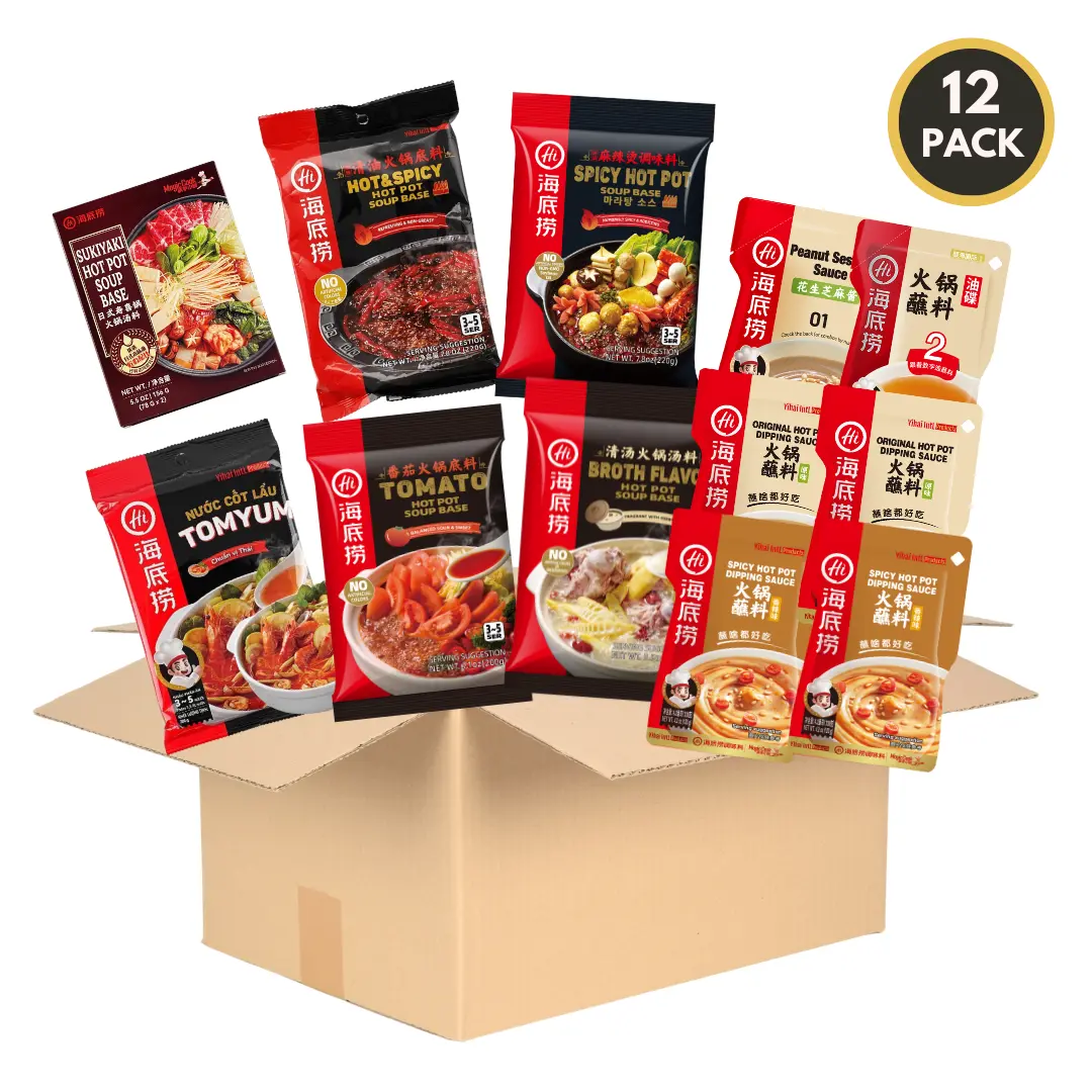 HAIDILAO Hot Pot Soup Base & Dipping Sauce Bundle 12PCS 6 Soup Bases 6 Dipping Sauces Mixed Spicy Non Spicy Options for Japanese Style Sukiyaki, Tomato, Spicy, Broth, Mushroom, Green Chili, Tom Yum, Kanto, etc.