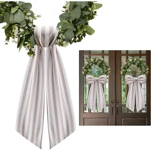 2 Pack Beige and White Stripe Wreath Sash for Front Door, Boxwood Sash Garland Porch Decor Wreath Accessories