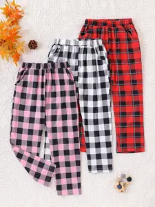 3 Pcs Plaid Kids Home Pants, Classic Checkered Style, Elastic Waist & Cuffed Legs, Suitable for 2-8 Year Old Girls, Casual Wear