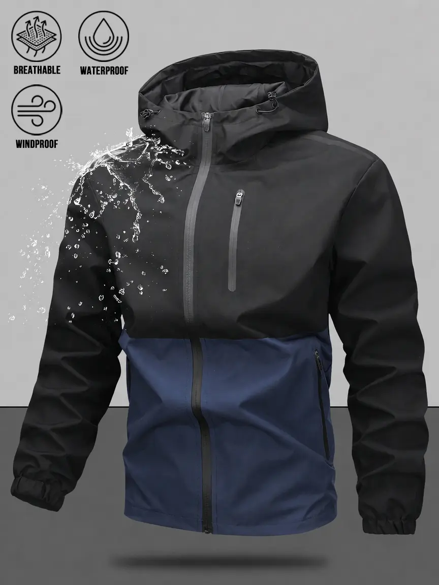 Versatile Men Athletic Hooded Windbreaker, Wind‑Resistant Breathable Material, Stylish Two‑Tone Color‑Block Design, Full‑Zip Outer Jacket for Outdoor Sports and Daily Casual Occasions