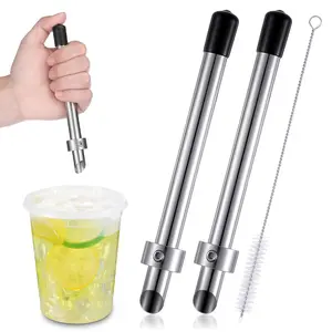 2 Pack Straw Puncher for Plastic Lids Lemonade Cups, Stainless Steel Straw Hole Puncher Punching Tools for Cafe Drinks Deli Container Squeezed Fresh Lemonade Stand Supplies(6.3 Inch,Black)