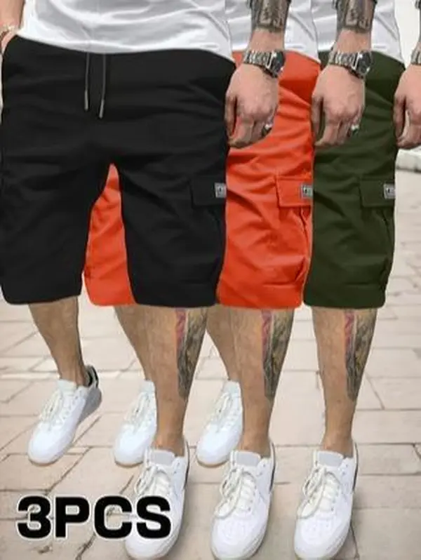 Men's 3-Pack Plain Solid Color Drawstring Cargo-Athletic Shorts - Summer Outdoor Casual Sportswear, Multiple Pockets, FS Logo, Black + Gray + Khaki