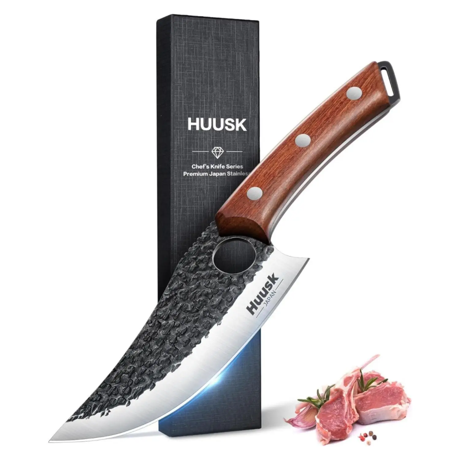 Huusk Knives, Japanese Butcher Knife for Meat Cutting, Hand Forged Boning Knife with Ergonomic Wood Handle, High Carbon Steel Japanese Chef Knife for Camping, Outdoor, BBQ, Birthday Gift for Men/Christmas Gift