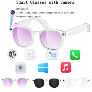 1080P Video Recording AI Smart Glasses, 2MP HD Camera Anti-Shake, 3 Lens(Sunglasses +Anti Blue Lens+Gradient ),270Mah Battery Sunglasses, Support Photo/Video/Audio Recording Real Time Translation Bluetooth Calling, Multifunctional Smart Glasses