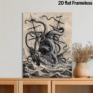 Octopus Attack Canvas Prints, Room Decor Wall Art Poster, Vintage Sea Monster Wall Art Painting for Bedroom Kitchen Cafe Nautical Decor