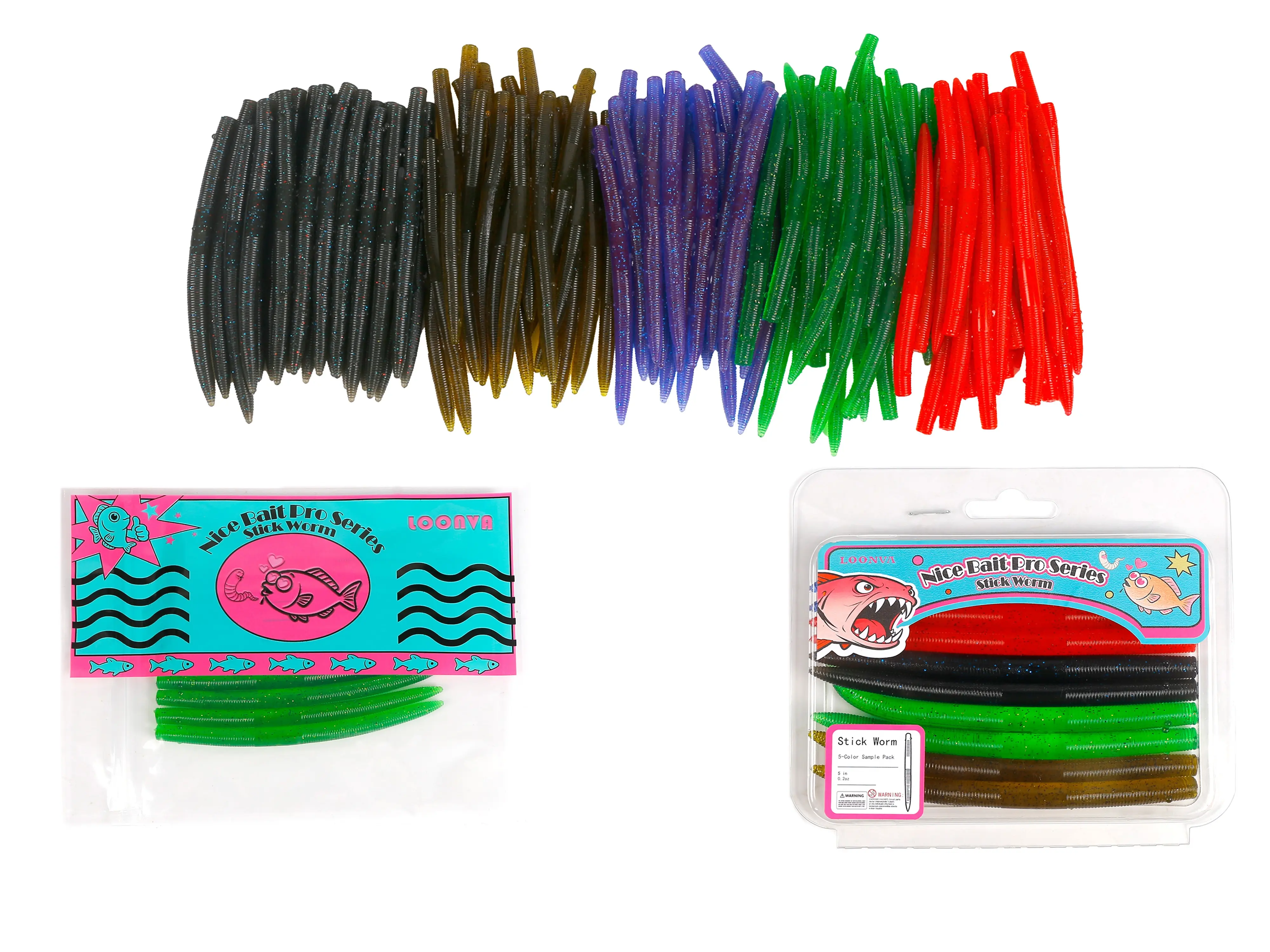loonva 5" Stick Worms, Biodegradable Artificial Soft Plastic Lures for Bass Fishing, Durable Wacky Baits for Texas & Carolina Rigs, Freshwater & Saltwater Use