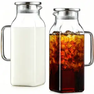 2 Piece 2L/68oz Square Glass Pitcher with Handle and Lid, Water Carafe, Vintage Water Pitcher for Refrigerator, Glass Jug for Iced Tea and Coffee Water Bottle Storage Containers, Heat and Cold Resistant Borosilicate Water Jug