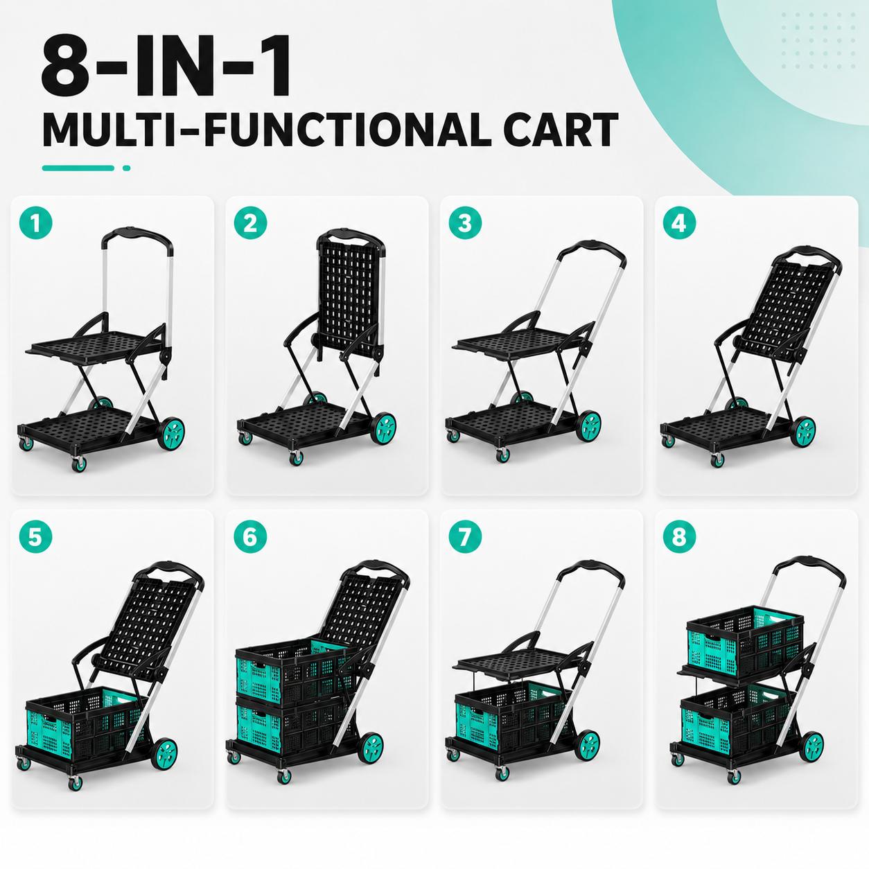 Premium Foldable Plastic Shopping Cart with Wheels, Elegant Lightweight Rolling Utility Basket for Groceries, Laundry, Travel, Camping and Home Storage, Space-Saving Portable Pull Cart