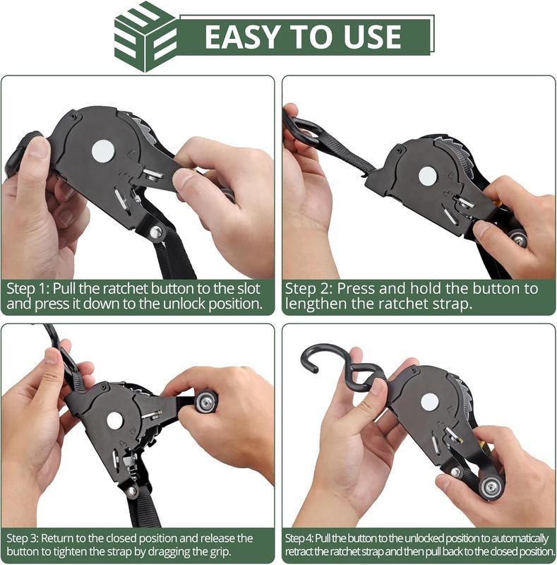 Auto Retractable Ratchet Tie Down Straps 1500 lb Capacity Luggage strap for motorcycles Securing with Padded Handles for Trucks Motorcycles Kayaks ATVs Moving