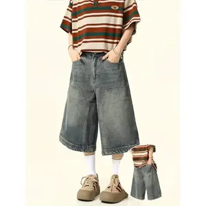 Vintage-Inspired Washed Denim Shorts - Loose Fit, Knee-Length with Mesh Detail, Cotton Blend, Machine Washable jeans  men  Streetwear Pantswomen's clothing