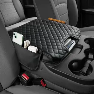 Center Console Cover Compatible with 2013-2018 Ram 1500 & 2013-2025 Ram 2500/3500/1500 Classic Model Jump Seat, Leather Arm Rest Armrest Cover for Car, Middle Console Cover Lid, with 2 Pocket