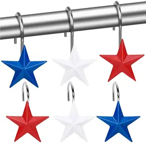 12-Piece Patriotic Blue Star Shower Curtain Hooks, Durable Waterproof Decorative Bathroom Decor, July 4th Memorial Day Independence Day Metal Rings