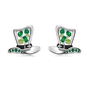 St Patrick Day Hat Stud Earrings with Green Cubic Zirconia