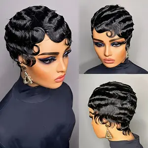 2025 Hot Wholesale Elegant Pixie Cut Human Hair Wig for Women - Glueless, Deep Ocean Wave Design, 150% Density, Vintage Style with Finger Waves, Rose Net Cap, Perfect for Daily & Festival Wear, Short Hair Wig