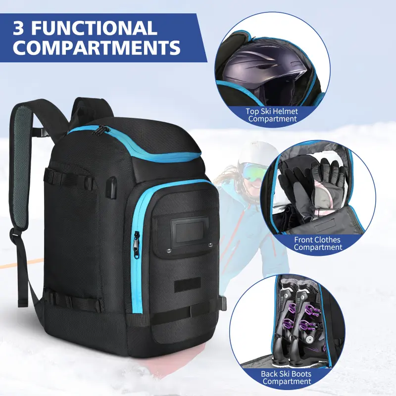 13.21gal Outdoor Ski Backpack Waterproof Large Capacity Travel Backpack, Winter Outdoor Ski Boot Backpack, Ski Helmet, Goggles, Gloves, Socks, Ski Suit, Skis, Ski Accessories, Black