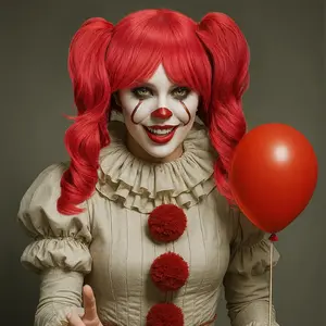 Heat-Resistant Synthetic Curly Red Wig with Golden Roots & Balloon Hairstyle - Iconic Pennywise-Inspired Clown Hair for Halloween, Circus Costumes, Role-Play - Comfortable Dreadlock-like Braids (No Maintenance) - Durable Party