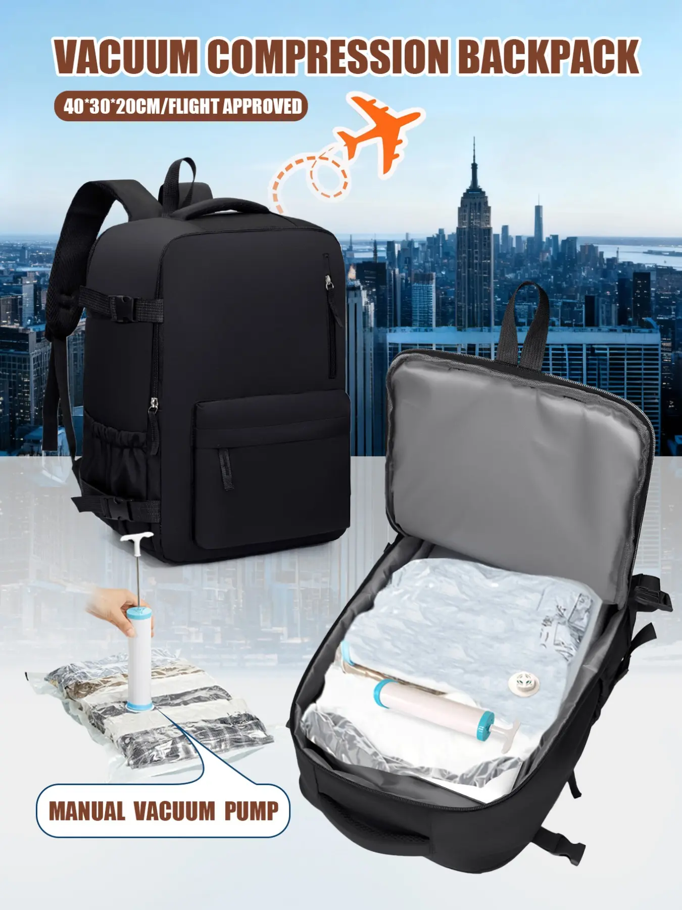 Women's Shoulder Bag, Airplane-Friendly Vacuum Compression Backpack,  Includes Compression Bag & Manual Air Pump, 40x30x20cm, Unisex Travel  Luggage, Flight Approved - TikTok Shop