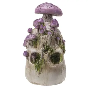 Skull with Purple Mushrooms Cold Cast Resin Decor 4.92" x 6.30" x 8.66" Unique Artistic Sculpture