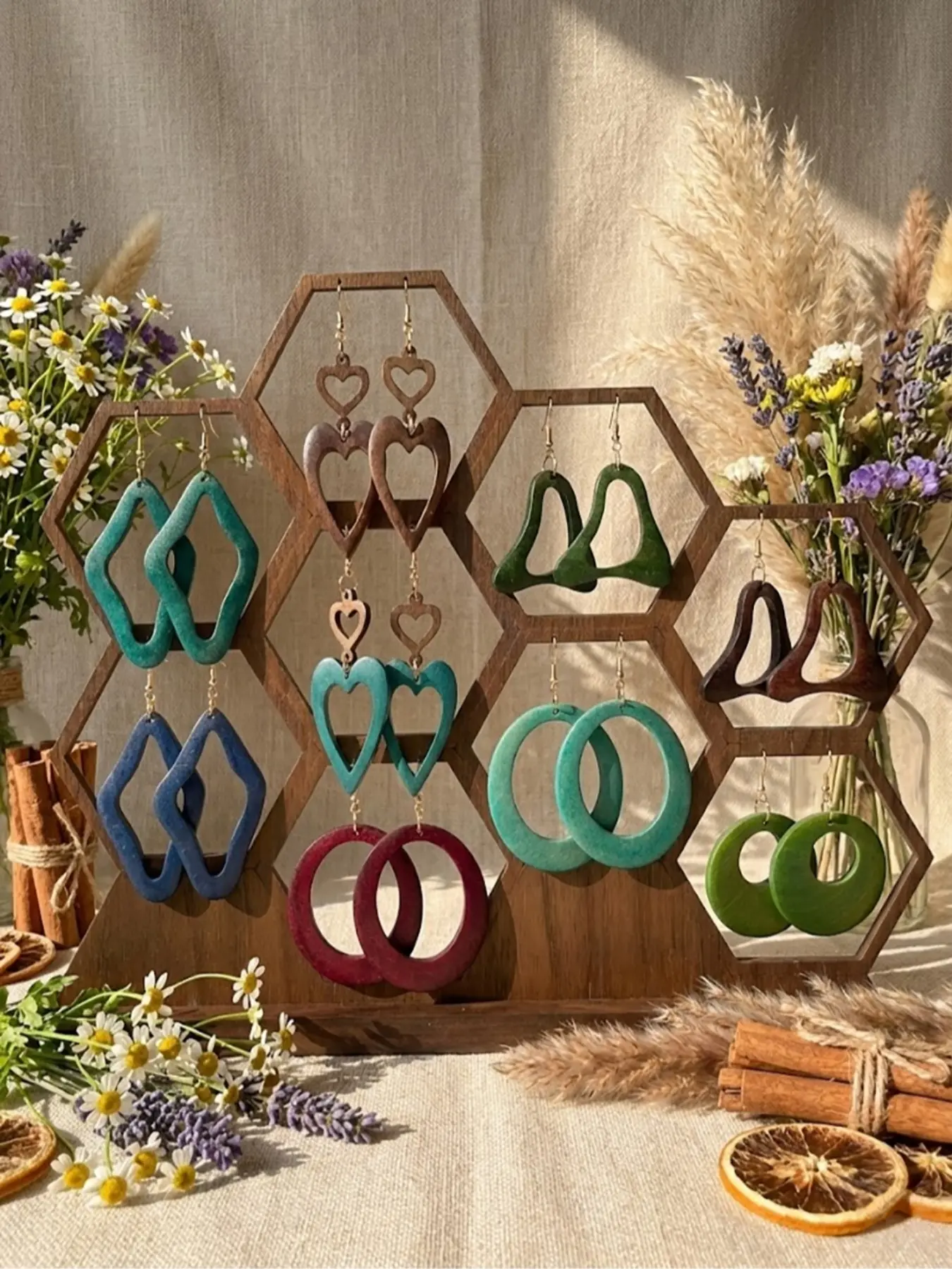 Women's Fashion Elegant Pendant Hoop Earring Sets, Vintage Bohemian Geometric Pattern Heart Shape Round Hollow Wood Earrings, Suitable for Daily Party Valentine's Day, All Seasons Wear, Turquoise Dangle Earrings, Dangling Earrings