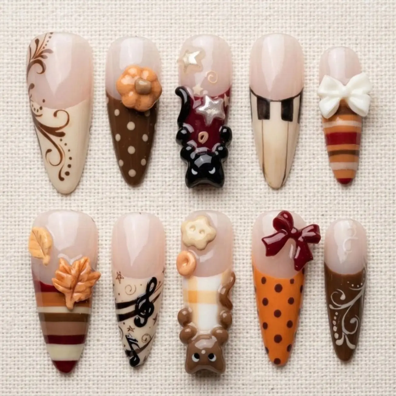 Autumn Brown Press On Nails, 3D Pumpkin and Bear Details, Fall Leaves, Burgundy Bow, Music Note Art, Warm Thanksgiving Nail Design