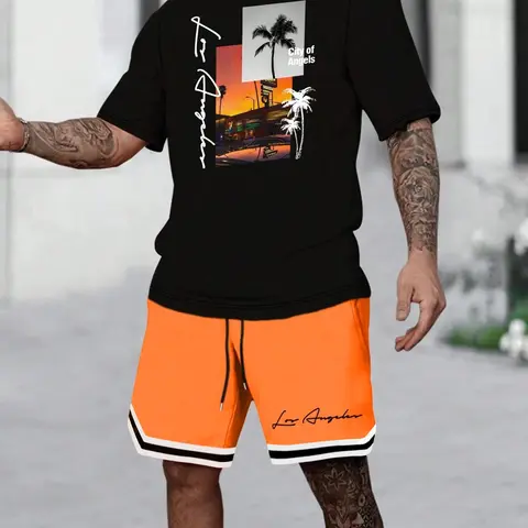 Men's Tropical Letter & Tree Print Short Sleeve Tee & Shorts Set, Regular Fit Casual Round Neck T-shirt & Shorts, Men's Summer Outdoor Clothes, Casual Sporty Set, Outfit Sets, Menswear