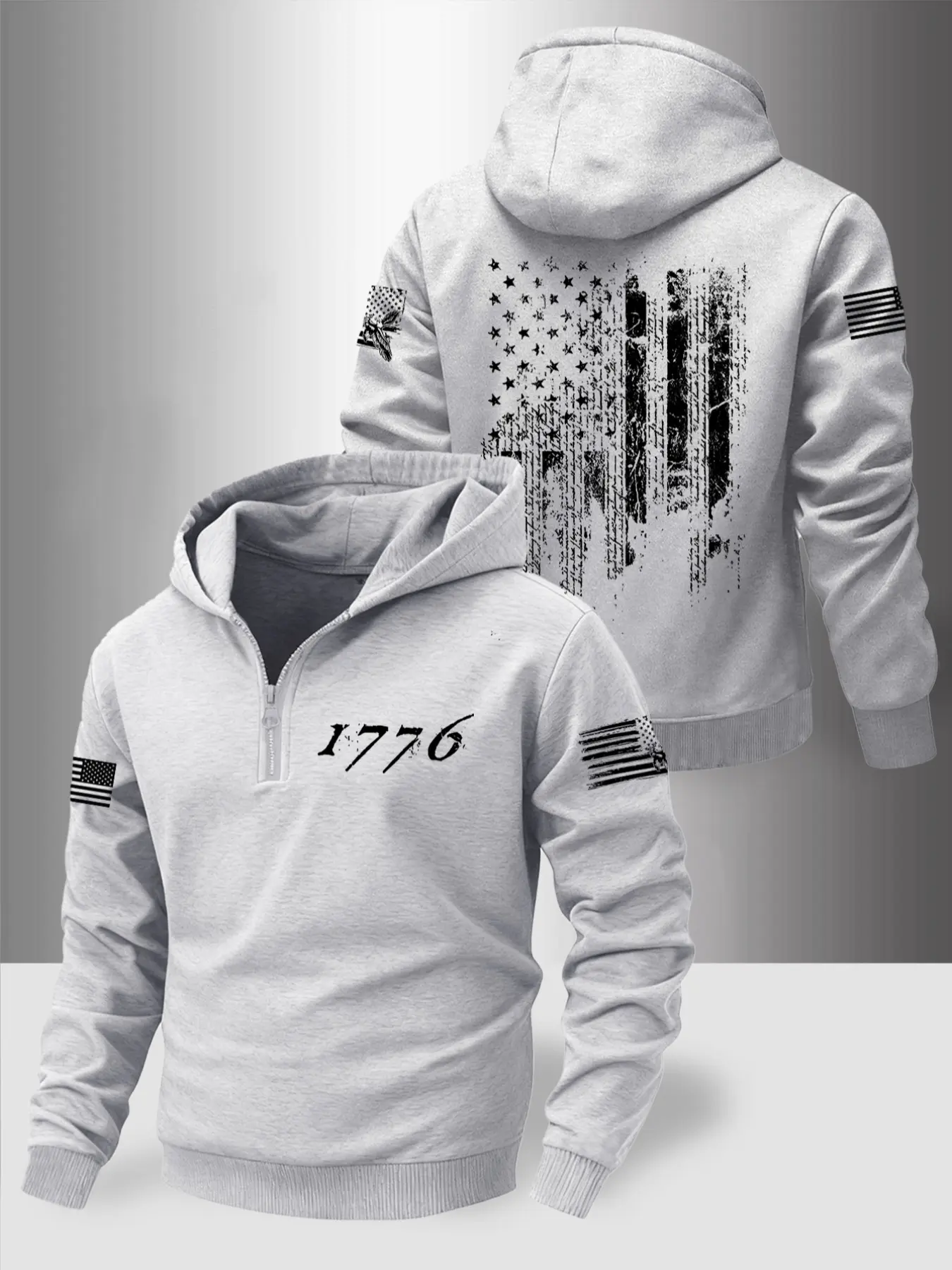 Men's Fashion Hooded Sweatshirt with Flag Pattern, Casual Outdoor Fall Winter Clothes, Fitted Zipper Design, Warm Lining, Casual Streetwear Hoodie, Casual Sweatshirt Hoodie