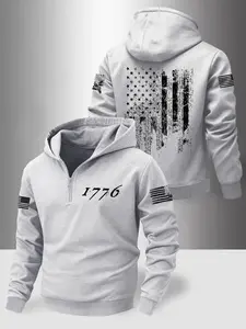 Men's Fashion Hooded Sweatshirt with Flag Pattern, Casual Outdoor Fall Winter Clothes, Fitted Zipper Design, Warm Lining, Casual Streetwear Hoodie, Casual Sweatshirt Hoodie