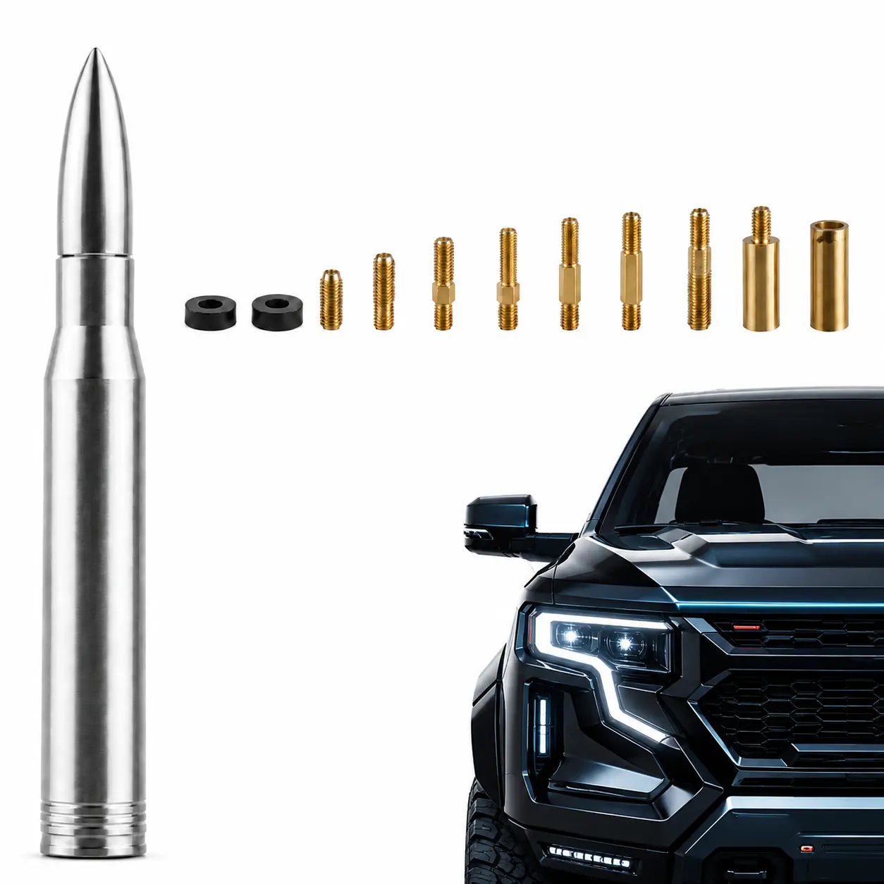 Aftermarket Bullet-Style Car Antenna Replacement Kit, Compatible with Select Ford F-150/F-250/F-350, Dodge Ram 1500/2500/3500, Chevy Silverado & GMC Trucks