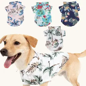 4-Piece Small Fit Lightweight Pet T-Shirts, Hawaii-Style Floral Print Breathable Fabric Outfits Inspo, Lapel Closure Streetwear-Rave Apparel for Puppies