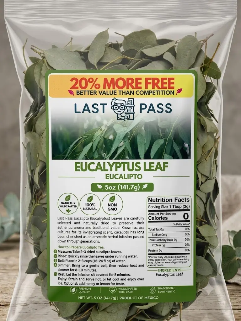 LAST PASS Eucalyptus Loose Leaf Herbal Tea Beverage - 4oz Dried, Nature-Infused, Bold Fresh Eucalyptus Leaf, Non-Caffeinated, Calorie-Free, Sugar-Free, Versatile, All Ages