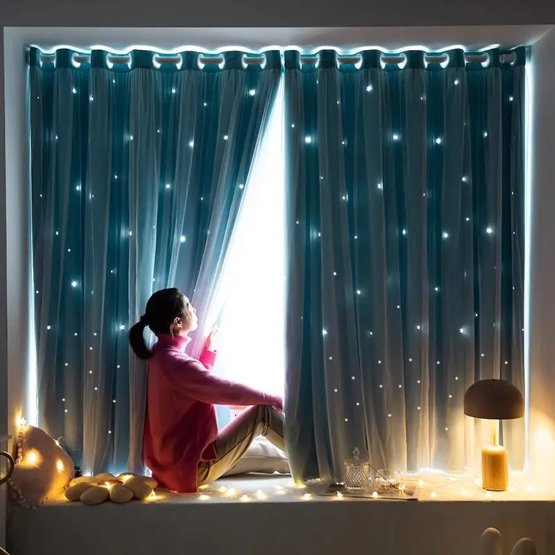 Starry Sky Pattern Double Layer Curtain, 2 Counts Modern Simple Blackout Bedroom Curtains, Home Decorative Window Curtain for Living Room Bedroom Decor