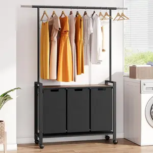 Black Laundry Sorter 3 Section Laundry Hamper Sorter with Clothes Hanging Rod and Wooden Storage Shelf 3 X 13gal Laundry Basket Organizer for Laundry Room Organization Storage Baskets