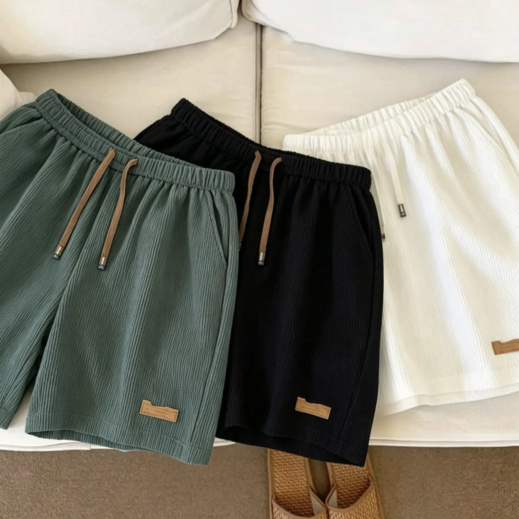 Men’s 3 pack summer loose corduroy drawstring shorts for commuting—casual shorts with pockets suitable for both everyday wear and home use.