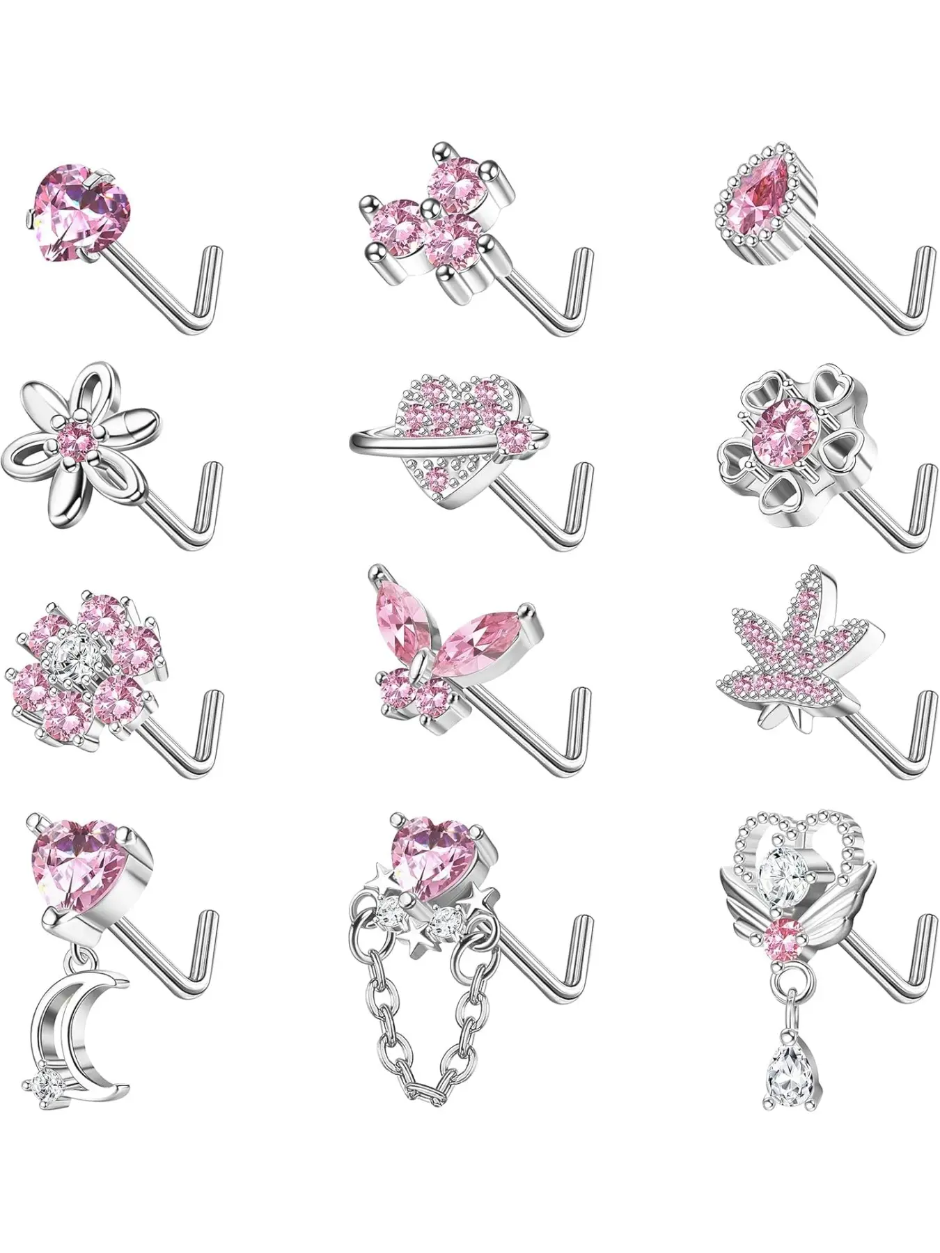 12 PCS 20G Nose Rings Surgical Stainless Steel, L Shaped Nose Studs for Women Men, CZ Heart Butterfly Flower Leaf Moon Dangle Cute Nose Piercings Studs Screw Jewelry Pink/Purple/Blue/Clear Chic Body Jewelry