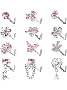 12 PCS 20G Nose Rings Surgical Stainless Steel, L Shaped Nose Studs for Women Men, CZ Heart Butterfly Flower Leaf Moon Dangle Cute Nose Piercings Studs Screw Jewelry Pink/Purple/Blue/Clear