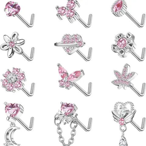 12 PCS 20G Nose Rings Surgical Stainless Steel, L Shaped Nose Studs for Women Men, CZ Heart Butterfly Flower Leaf Moon Dangle Cute Nose Piercings Studs Screw Jewelry Pink/Purple/Blue/Clear Chic Body Jewelry