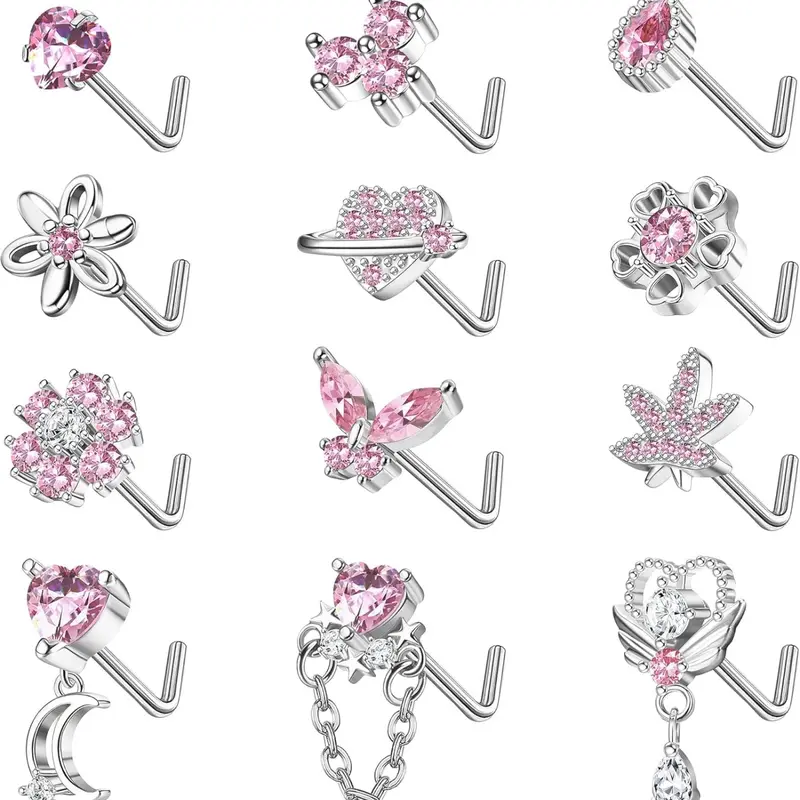 12 PCS 20G Nose Rings Surgical Stainless Steel, L Shaped Nose Studs for Women Men, CZ Heart Butterfly Flower Leaf Moon Dangle Cute Nose Piercings Studs Screw Jewelry Pink/Purple/Blue/Clear Chic Body Jewelry