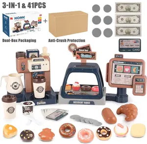 41PCS 3-in-1 Toy Kids Coffee Maker Machine And Cash Register With Sound And Light, And Dessert Showcase, Pretend Role Play Toy Coffee Shop With A Coffee Maker Machine, Cash Registers, And Fake Desserts Like Donuts And Cakes, Perfect For Boys And Girls