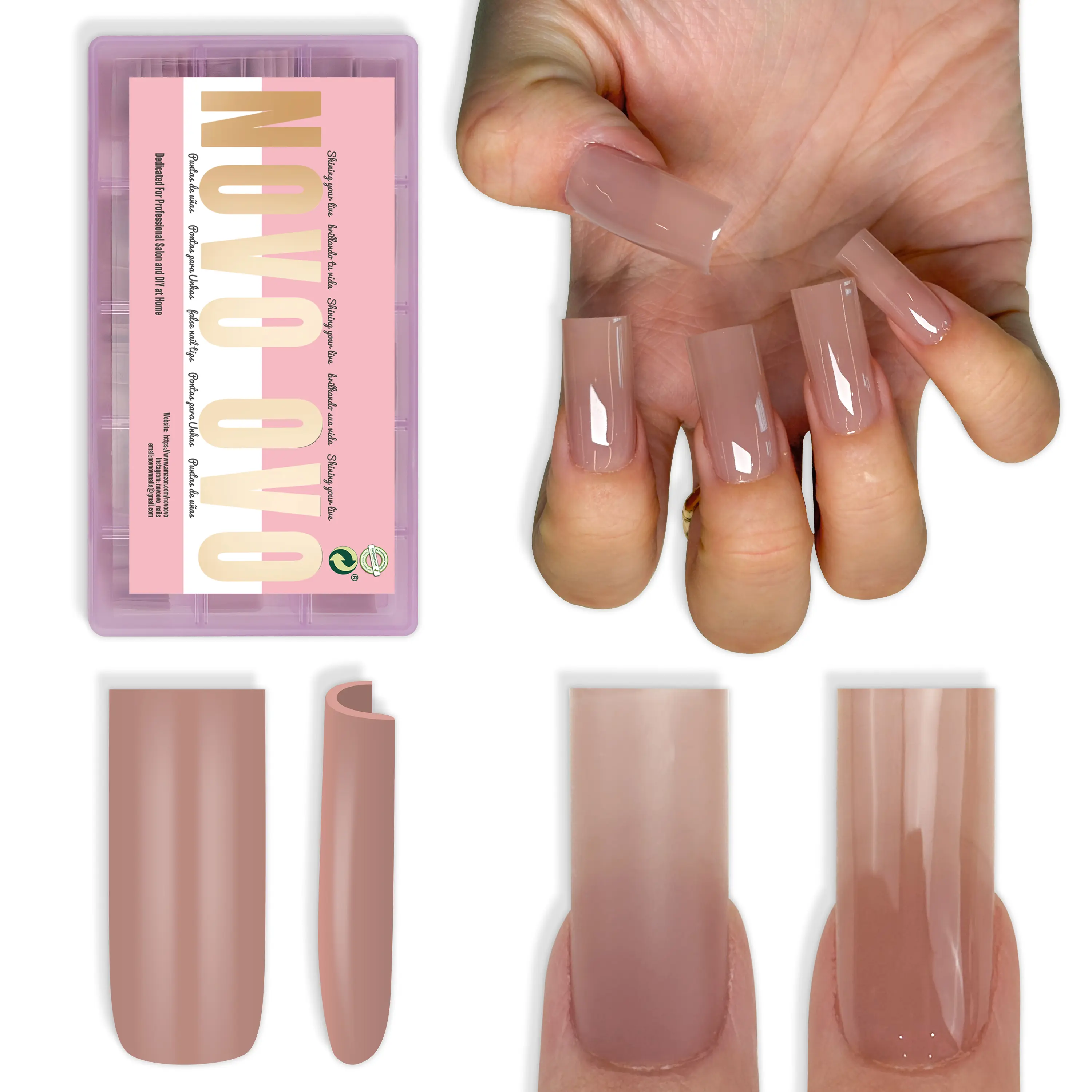 NOVO OVO Meidum Sharp Square Nail Tips Press on Pure Color Brown Pink, Extra Thick NEED Builder Gel Top Coat Glue Soft Gel Matte Fake Nail Extension,Full Cover False Nails for Salon DIY 15 Sizes 180pc