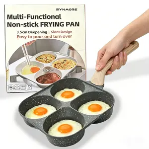 4-Hole Non-stick Egg Frying Pan with Wooden Handle | Multifunctional Granite/Medical Stone Skillet for Pancakes, Burgers, Breakfast. Easy Clean & Works on Gas/Induction Stoves.