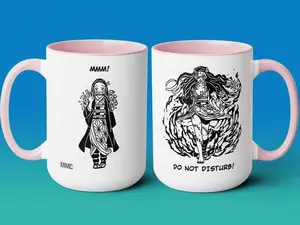 Japanese Manga Style Coffee Mug - Dual Mood Pink Ceramic Cup - Sweet & Powerful Character Art - Unique Gift for Manga Fans & Collectors - 11oz
