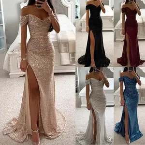 2025 party sequins off-neck split dress-casual fashion dress for women-perfect for night outs Formal Womenswear Workwear Festival Basic Black