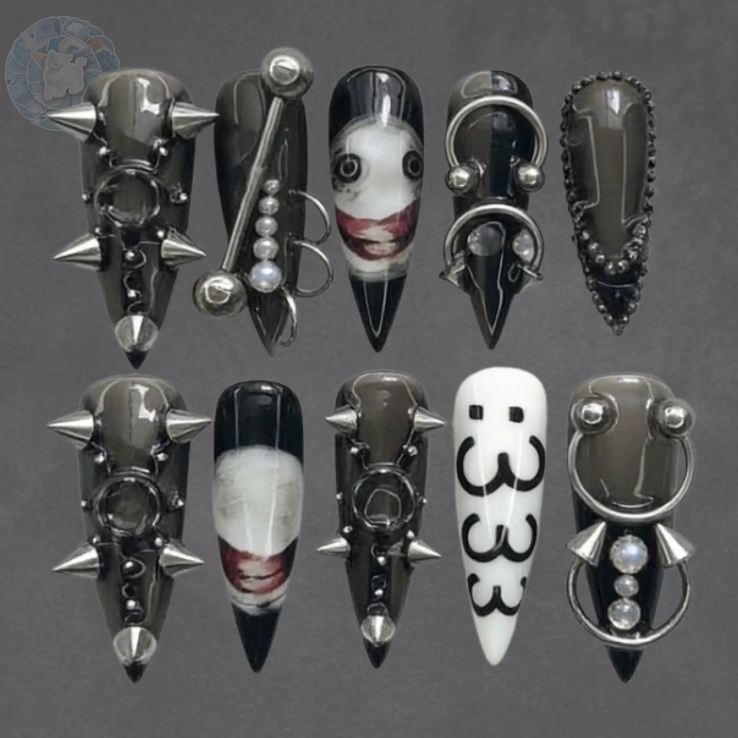 Cyber Piercing Press On Nails, Cyber Goth Stiletto Nails, Industrial Metal Punk Nail Set, Alternative Press Ons