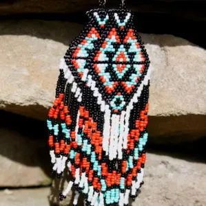 Handmade Seed Bead Earrings Black, Red, White with Unique Design and Tassel