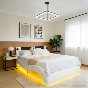 Faux Leather Upholstered Platform Bed Frame King Size with LED Lighting Bluetooth Speaker Backrest Vibration Massage Curve Design Wood Slat Support No Box Spring Needed Smart Bed Frame for Bedroom, Bedroom Furniture for Bedroom, Guest Room
