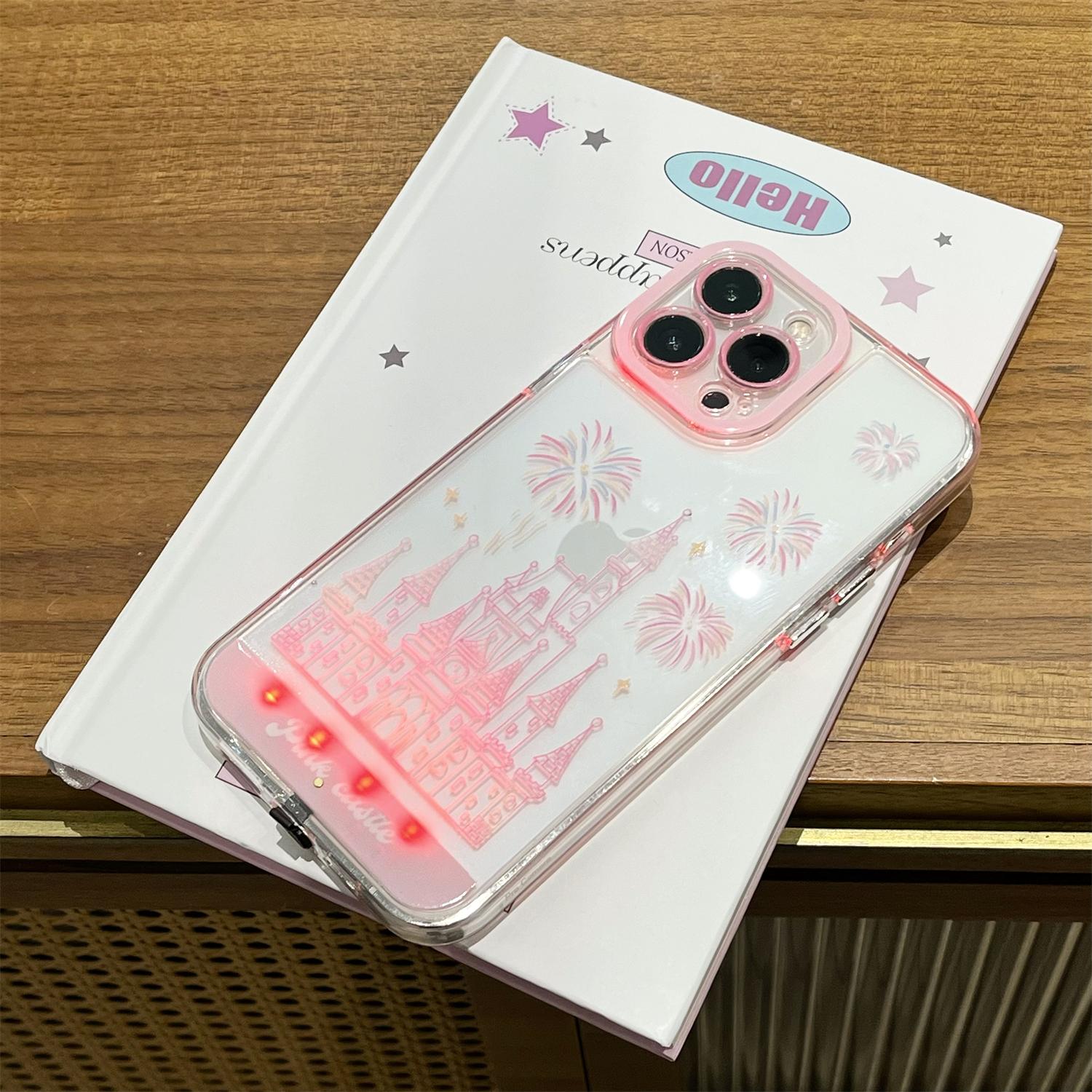 LED Fantasy Castle Fireworks Phone Case, Light up Phone Case for 13/14/15/16/17 Pro/Pro Max/Plus, Aesthetic Cute Girly Kawaii Castle Unique Design Phone Cover for Women Girls