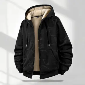 Men's Winter Warm Hooded  Lined Zip-Up Jacket with Geometric Print & Pockets in Polyester Material for Cold Weather Menswear Zipper