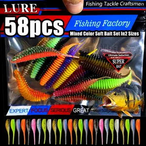 58pcs Soft Bait Fishing Lures Fishing Worm Bait 2 Types of Soft Bait Mixed Size and Color Set Fishing Gear